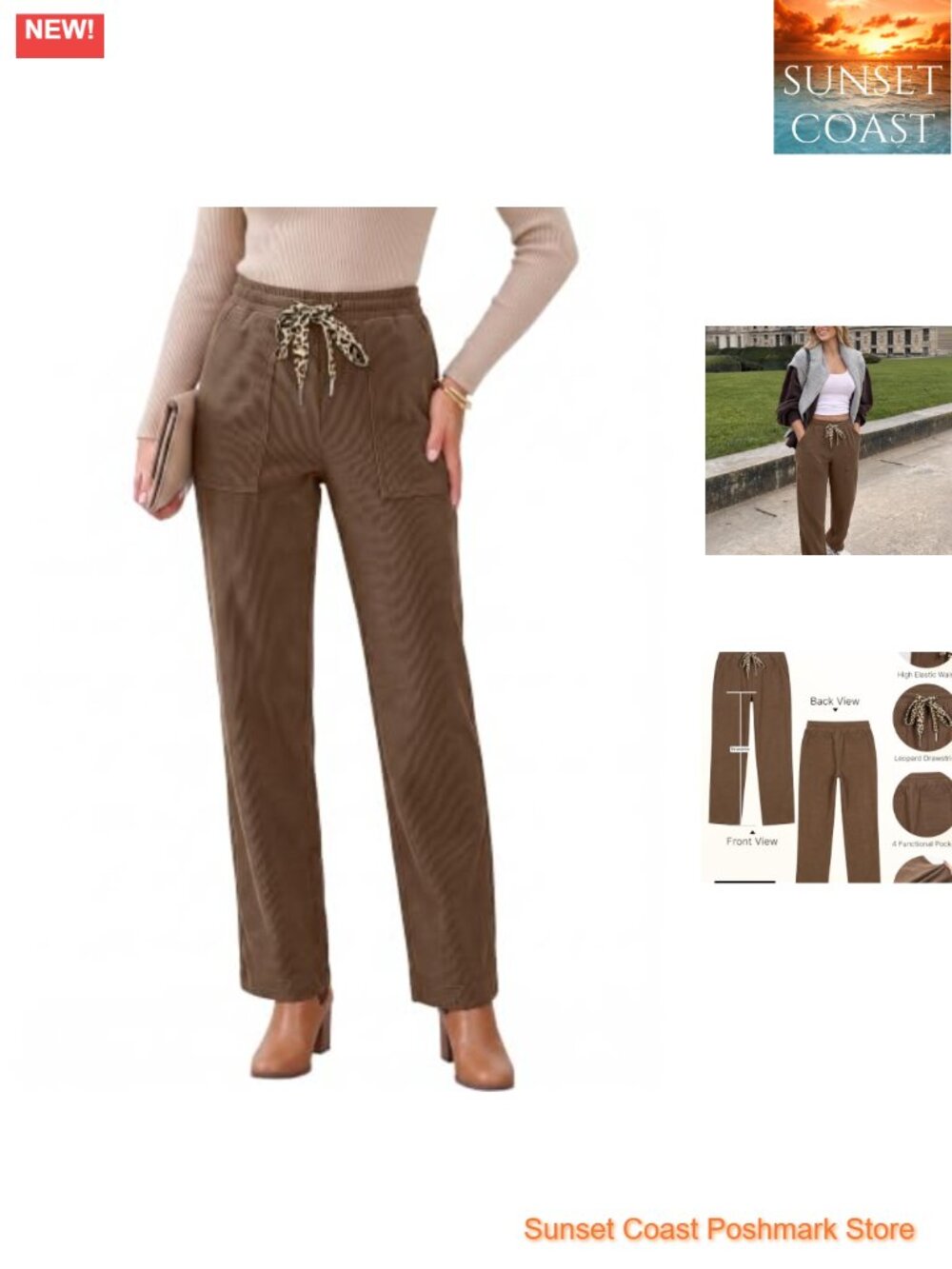 Corduroy Pants Straight Leg High Rise Pull On Trousers 29" Inseam Women's